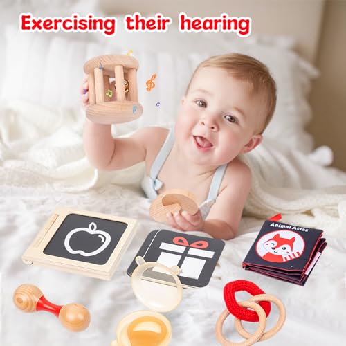 Montessori Play Kit for 0-6 Month Baby Tummy Time Interactive Toys Baby Brain Development Toys Rattle Montessori Toy Interlocking Rings Black, White Adena Montessori