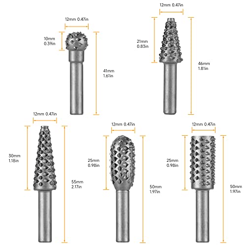 Hoteche Rotary Burr Set 5-Piece 1/4" Shank Carving Engraving Drill Bits Universal Fitment Rotary Tool Rasp Bits for Wood and Plastic Fit with Dremel, Hoteche