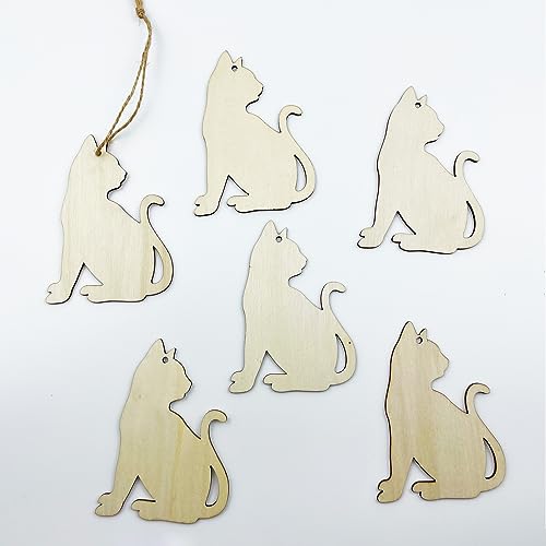 30pcs Unfinished Cat Wood DIY Crafts Cutouts Wooden Cat Shape Cutouts Blank Hanging Ornaments for Pets Themed Birthday Halloween Christmas Party JEKEJIAJIU