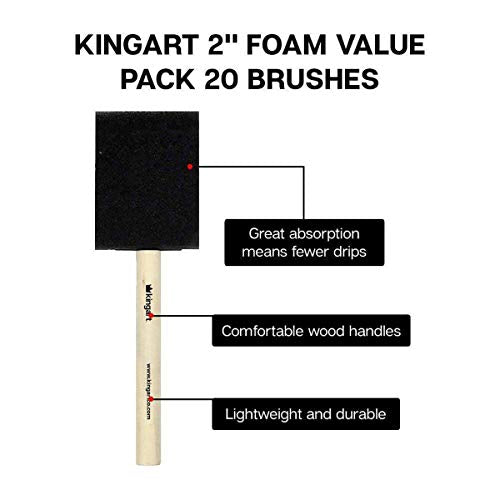 KINGART 242-20 Foam 20 Pc. Value Pack 2" Brush Set, Short Wood Handle, for Oil, Acrylic & Watercolor Paint, Great for Crafts, DIY Home Projects, KINGART