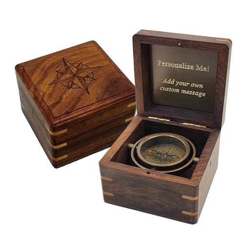 Engraved Compass Personalized in Wood Box | Antique Brass Desk Compass Gifts for Men, Him, Son, Grandson, Teen Boys for Graduation, Baptism, Stanley London