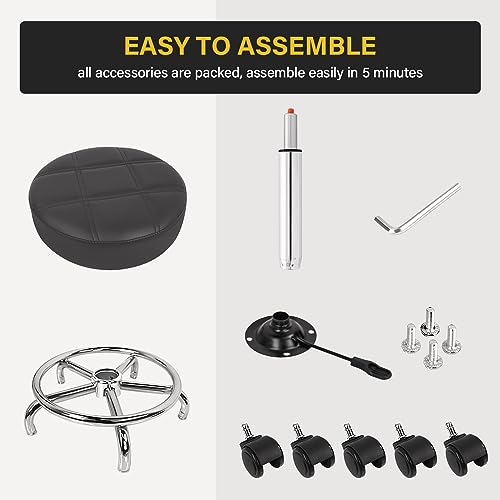 WKWKER Round Rolling Stool with Footrest PU Leather Height Adjustable 360° Swivel Stool with Wheels Office Stool Chair Home Drafting Work Studio Shop WKWKER