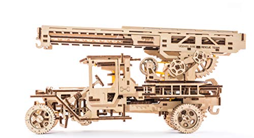 Ugears Wooden 3D Fire Truck Model Kit - Lever Operated Rotatable Retractable Ladder UGEARS