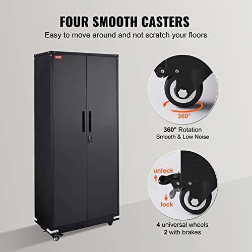 VEVOR Metal Storage Cabinet with Wheels, 75'' Locking Steel Storage Cabinet with 2 Magnetic Doors and 4 Adjustable Shelves for Office, Garage, Home VEVOR