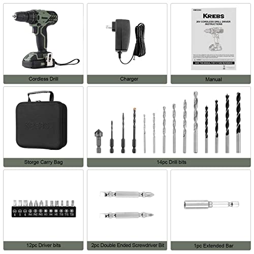 KREBS 20V Cordless Drill Set, Power Drill Kit with 1 Batteries & Fast Charger, 3/8-Inch Keyless Chuck 2 Variable Speed 18+1 Torque Setting and 28pcs KREBS
