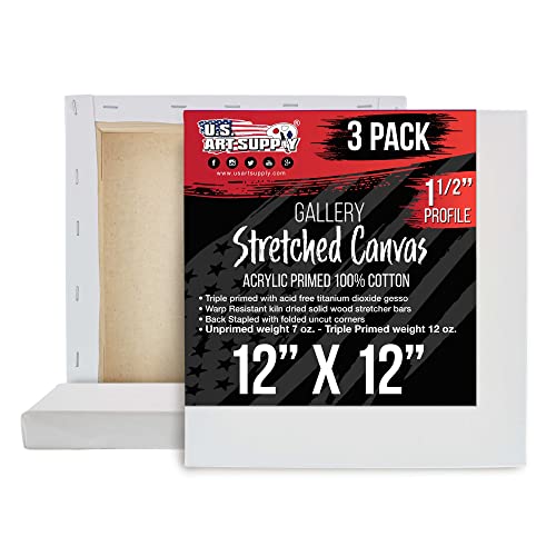 U.S. Art Supply 12 x 12 inch Gallery Depth 1-1/2" Profile Stretched Canvas, 3-Pack - 12-Ounce Acrylic Gesso Triple Primed, Professional Artist U.S. Art Supply
