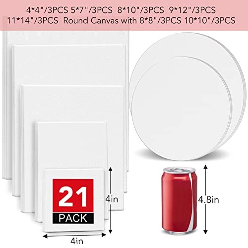 ESRICH Canvases for Painting Blank Cotton Canvas Boards 21Pack with 7 Size 4x4, 5x7, 8x10, 9x12, 11x14,Round Canvas with D8, D10, 3 of Each, Painting ESRICH