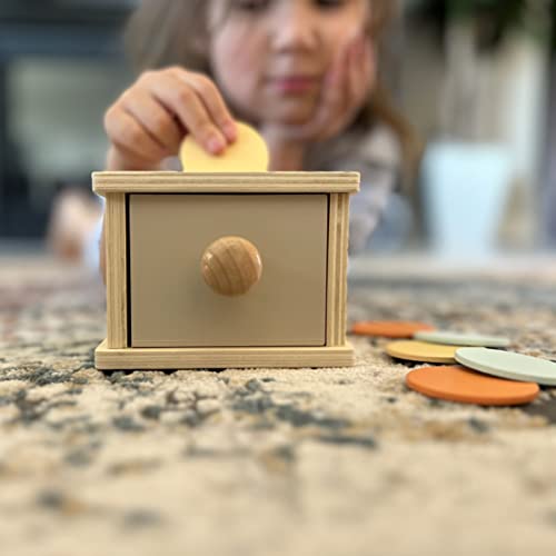 Montessori Mama Montessori Coin Box, Montessori Toys for 1 Year Old Toddler Coins, Baby Wooden Montessori Toy Ball Infant Drawer Drop Montessori Mama