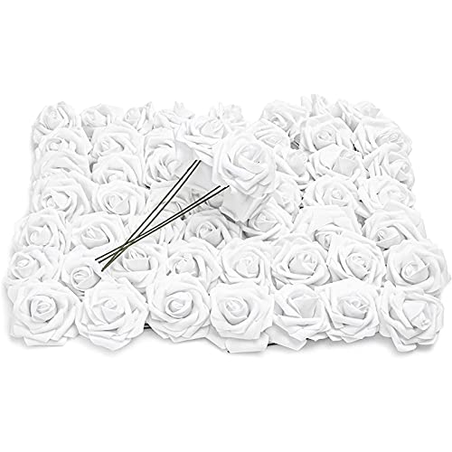 Bright Creations 3" Artificial Rose Flowers 60pcs Real Looking Fake Rose with Stem for DIY Wedding Bouquets and Bridal Shower, White Bright Creations