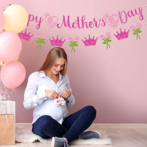 Whaline 2Pcs Happy Mother's Day Banner Set Pink Glitter Heart Rose Crown Pattern for Mother's Day Party Decorations Glitter Garland Photo Backdrop Whaline