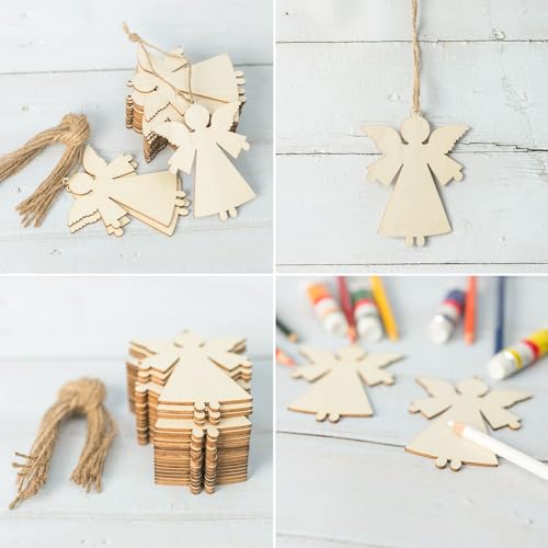 Angel Shape Wooden Christmas Blank Wood with Twines Art Unfinished Ornaments for Christmas Wedding Birthday Party Christmas Thanksgiving Day Zontween