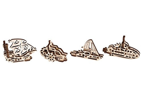 UGEARS 70035 U-Fidgets Schiffe Pieces-Set of 4 Anti-Stress 3D Puzzle-Self-Assembly 4 Mini Miniature Mechanical Models-Plywood Construction kit UGears