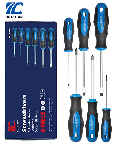 6PCS Magnetic Tip Screwdriver Set, 3 Phillips and 3 Flat, Professional Cushion Grip | 6-Piece Hand Tools Set ROTATION