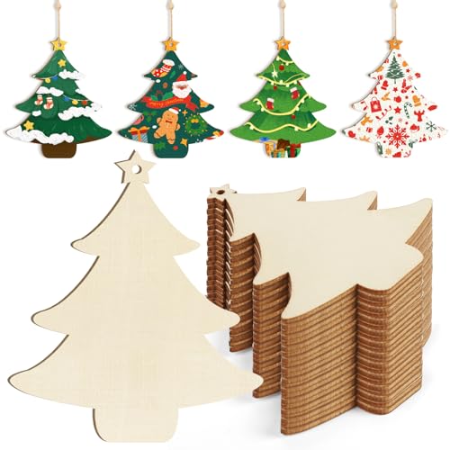Wooden Christmas Tree Ornaments to Paint Christmas Thanksgiving Decoration Cutouts Unfinished 24PCS 3.5 x 3 inches, DIY Blank Unfinished Christmas