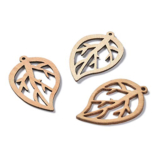 Pandahall 20Pcs Hollow Leaf Natural Wood Beads Pendants 45x28.5x2mm Unfinished Large Leaf Dangle Charms with Loop for Earring Bracelet Necklace PH PandaHall