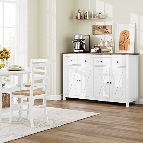 FOTOSOK Sideboard Buffet Cabinet with Storage, 55" Large Kitchen Storage Cabinet with 2 Drawers and 4 Doors, Wood Coffee Bar Cabinet Buffet Table FOTOSOK