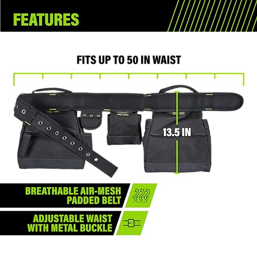 AWP Carpenter Tool Rig with Carry Handles, Premium Tool Belt, Air-Mesh Padded Belt Fits Waists Up to 50 Inches,Black AWP
