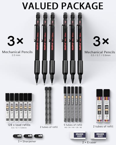 Nicpro 27PCS Art Mechanical Pencils Set in Case, Metal Drafting Pencil 0.5, 0.7, 0.9 mm & 2mm with 13 Tube Lead Refills(4B 2B HB 2H 4H Colors) Nicpro