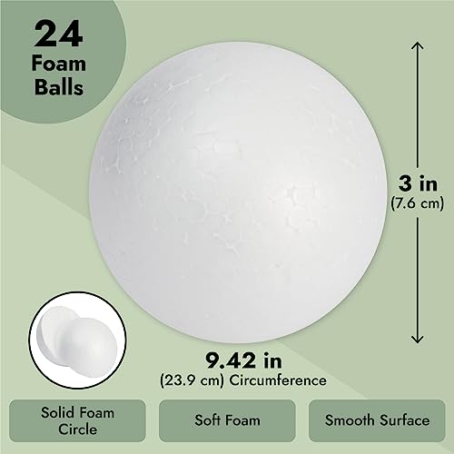 Juvale 24 Pack 3 Inch Foam Balls for Crafts, Smooth Polystyrene Spheres for DIY Decorations, Classroom Projects Juvale