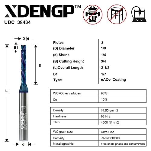 XDENGP 3 Flute Up&Down Cut Compression Spiral Router Bit for CNC, 1/8" Cutting Diameter, 3/4" Cutting Length 1/4" Shank with NACO Coated Carbide End XDENGP