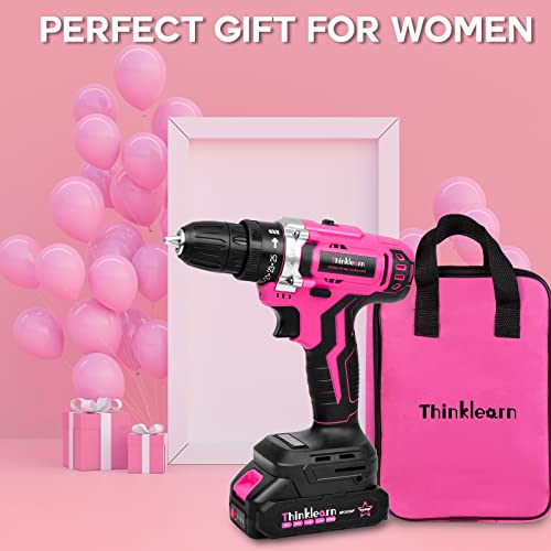 Pink Cordless Drill Set, 20V Lithium-ion Power Drill Set for Women with 67Pcs Drill Driver Bits, 3/8"Keyless Chuck, 25+1 Position Electric Drill, ThinkLearn