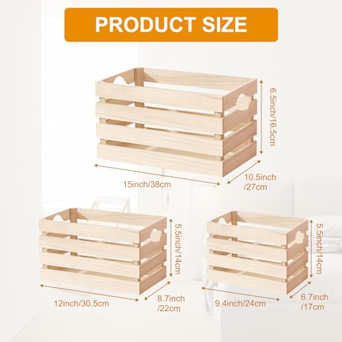 Voittozege 3 Pack Wooden Nesting Crates with Handles,Decorative Wood Crates Crate Box Wooden Storage Box Nesting Solid Wood Crates for Kitchen, Voittozege