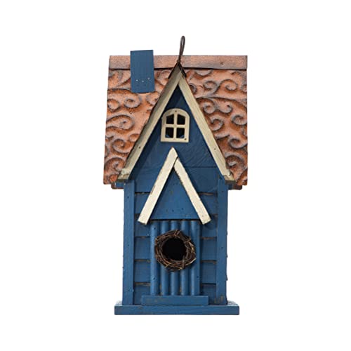 Glitzhome 12" H Retro Blue Distressed Solid Wood Cottage Birdhouse Hanging Bird House for Outdoors glitzhome