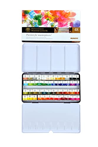 Mungyo Professional Half Pan Size Water Colors Set in Tin Case/Integral Mixing Palette in The lid (48 Colors) MUNGYO