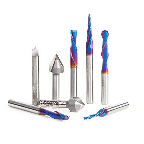 Amana Tool AMS-177-K 8-Pc CNC Router Bit Collection Featuring V-Grooves Point Roundover and Multi-Purpose Spektra Bits 1/4 Shank in Wooden Box Amana Tool