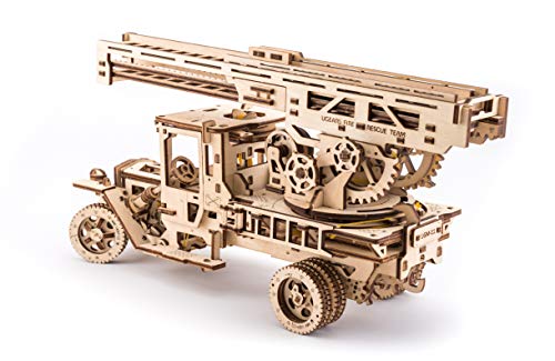 Ugears Wooden 3D Fire Truck Model Kit - Lever Operated Rotatable Retractable Ladder UGEARS