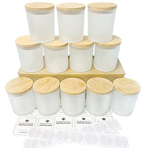 CONNOO 12Pack 10 oz Frosted Glass Candle Jars with Bamboo Lids for Making Candles Empty Candle Tins with Wooden Lids, Bulk Clean Candle Containers - CONNOO