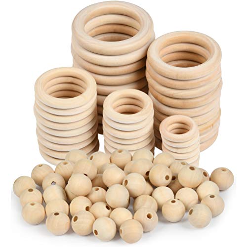 TIMESETL 150 Pcs Unfinished Solid Wooden Rings and Natural Round Wood Spacer Beads Without Paint for Necklace Bracelet Jewelry DIY Macrame Craft TIMESETL