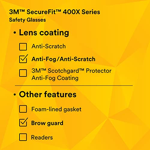 3M Safety Glasses, SecureFit 400X, ANSI Z87, Anti-Fog Anti-Scratch Clear Lens, Green and Black Frame, Brow Guard, Lightweight, Soft Nose Bridge and 3M SecureFit