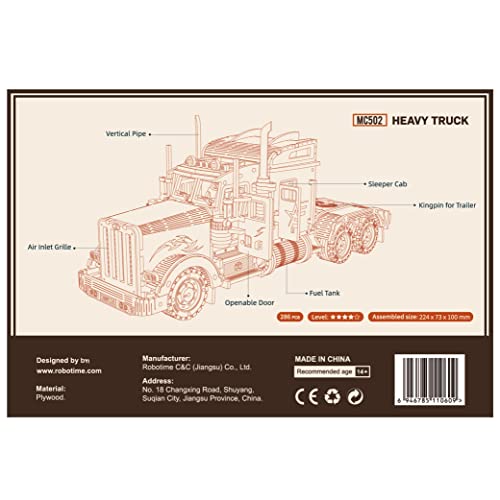 RoWood Model Car Kit to Build,3D Wooden Puzzle, Scale Mechanical Vehicle Model Building Kits, Best Toys Gift for Adults & Teens - Heavy Truck RoWood