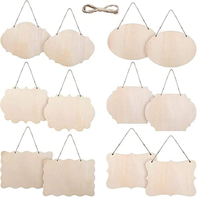 YRONTY 12Pcs Small Unfinished Wood Boards, 6 Shapes of Blank Wood Signs Wood Plaques with Hanging Ropes for DIY Crafts, Painting, and Christmas Home