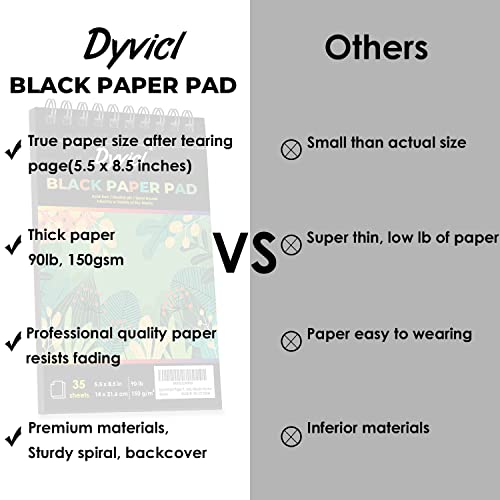 Dyvicl Black Paper Pad 5.5"x8.5" Sketch Book, 35 Sheets (90 lb/150gsm), Spiral Black Sketchbook Drawing Paper for Pencil, Pastel, White Ink Gel Pen, Dyvicl