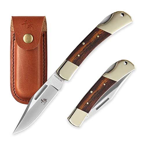 SENBON folding lock back knife 4in 440a sharp outdoor knife sand iron wood copper handle with Leather Sheath SENBON