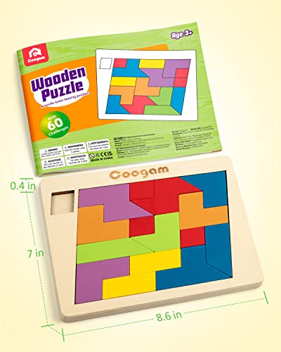 Coogam Wooden Puzzle Blocks Geometric Tangram Brain Teasers Jigsaw 3D Logic IQ Game Colorful Shape Pattern Montessori STEM Educational Toys Gift 60