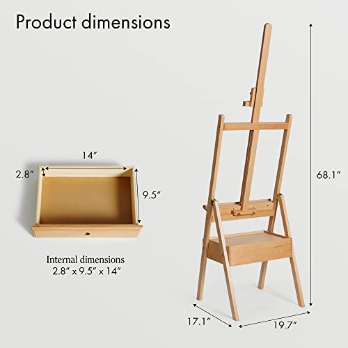 ARTIFY Large Wooden H-Frame Studio Easel with Artist Storage Drawer and Shelf, Sturdy Beechwood Canvas Holder Stand, Adjustable to 75" High ARTIFY art supplies