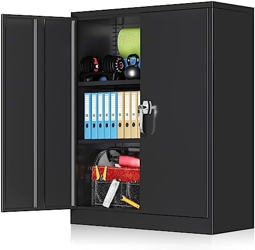 Greenvelly Metal Garage Cabinet, 42" H Locking Metal Storage Cabinet with 2 Doors and Adjustable Shelves, Black Steel File Cabinet for Home Office, Greenvelly