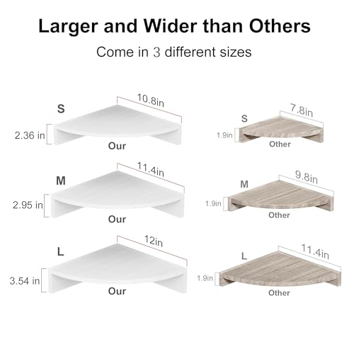 Alsonerbay White Corner Shelf Wall Mount, Set of 3 Floating Shelves for Storage and Display, Rustic Wood Shelves for Bedroom, Living Room, Bathroom, Alsonerbay