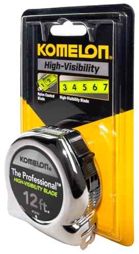 Komelon 412HV High-Visibility Professional Tape Measure, 12-Feet by 5/8-Inch, Chrome, Yellow, 12ft - Blade Komelon