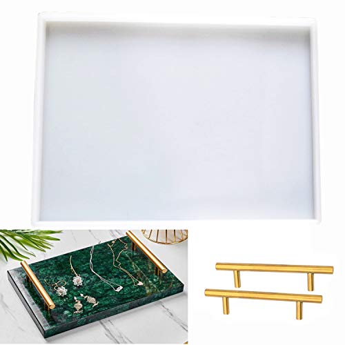 DSHE Silicone Mold Tray Geode 1pcs Agate Platter Molds and 2pcs Gold Handles, Epoxy Resin Casting Molds for Making Faux Agate Tray,Serving Board DSHE