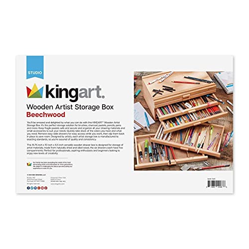 KINGART 723N Wood 6-Drawer Artist SUPPLY STORAGE BOX, 15-3/4” W x 10” D x 6-1/2” H, Natural Finish, Storage for Art Materials including Paint Tubes, KINGART