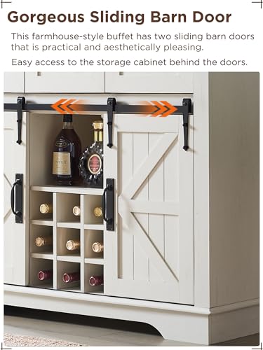OKD Farmhouse Bar Cabinet with Sliding Barn Door, 72" Rustic Buffet with Hutch with Wine and Glasses Rack, 3 Drawers, Storage Shelves, Sideboard OKD