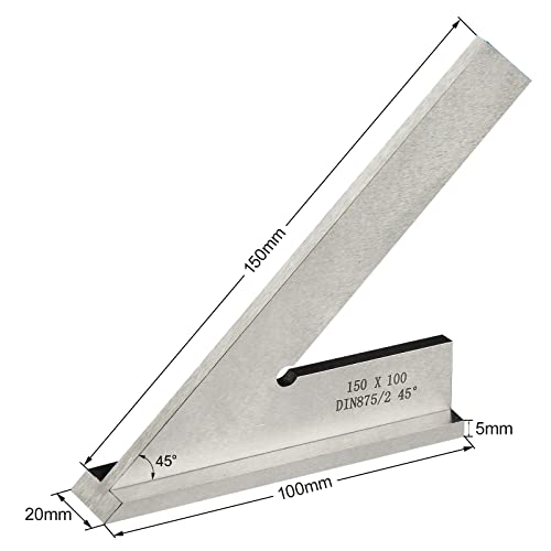 Boomgood 45 Degree Miter Square Machinist Engineer Square with Base DIN 875/2 Angle Ruler Hardened Steel 6x4 Inch, Silver ANGIEHAIE