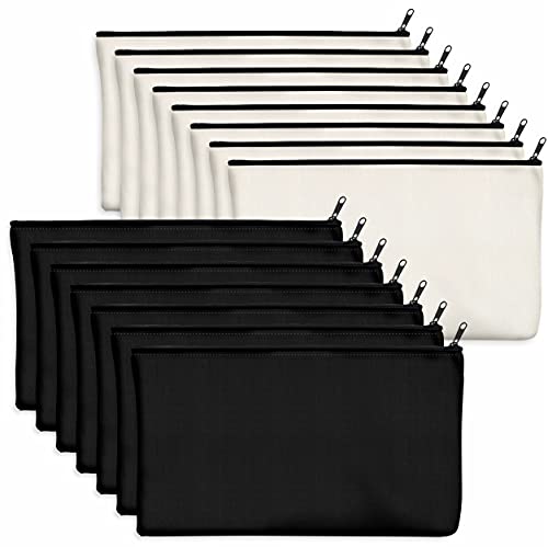 15 Pack Blank Cotton Canvas DIY Craft Zipper Bags Pouches Pencil Case for Makeup Cosmetic Toiletry Stationary Storage (Beige & Black 8.3” x 4.7”) Vantasii