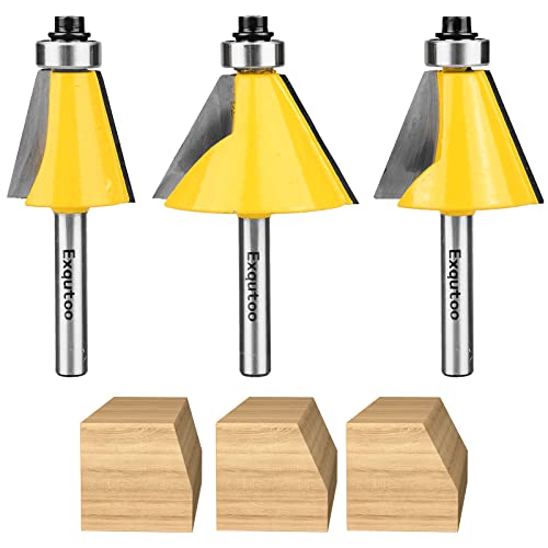 Exqutoo 3 Piece Chamfer Router Bit Set Kit, 1/4" Shank, 15, 22.5, 30 Degree Cutting Angle, 1" Cutting Length Exqutoo