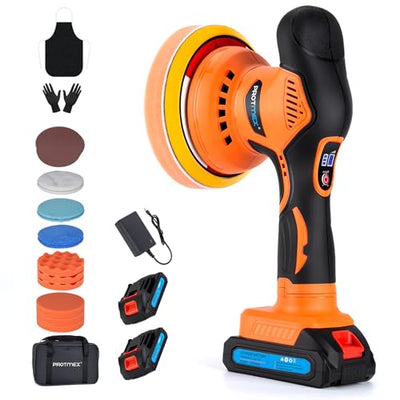 Protmex Cordless Car Buffer Polisher, 6IN Car Buffers And Polishers Kit, 6 Variable Speed Car Polishing Kit, 2*21V 1.5Ah Batteries Cordless Polisher