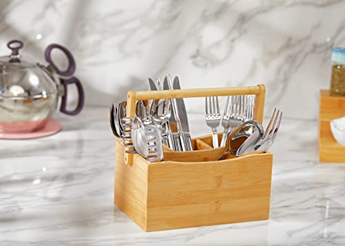RoyalHouse Natural Bamboo Utensil Holder And Organizer For Kitchen Countertop, Bamboo Picnic Basket With Folding Handle for Camping Trip RoyalHouse
